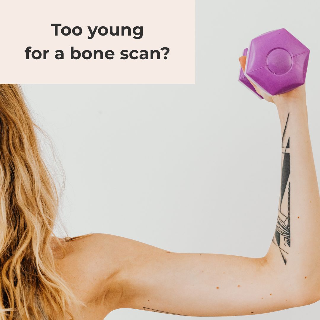A woman with long wavy hair lifting a purple dumbbell, with the words "Too young for a bone scan?"